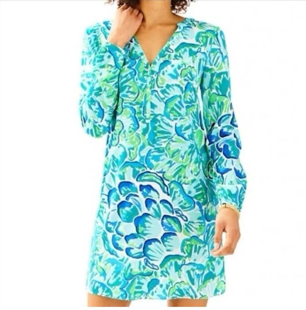 Lilly Pulitzer Delphine Stretch Silk Tunic Mini Dress Agate Green Lazy River XS